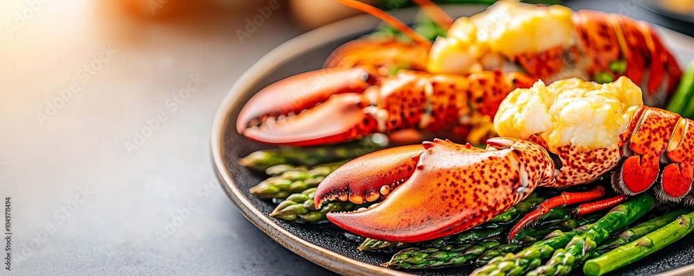Plated dish with lobster and asparagus, golden butter sauce, restaurant table setup Plated dish with lobster and asparagus, golden butter sauce, restaurant table setup