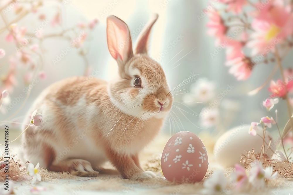 Fototapeta premium Cute bunny and single easter egg. Concept and idea of happy easter day. Generative ai