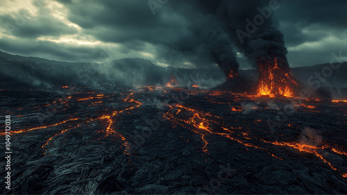 A dark black lava flow over a barren burnt landscape 