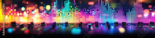 Close-up of colorful sound wave display on a DJ controller, with space for creative text
