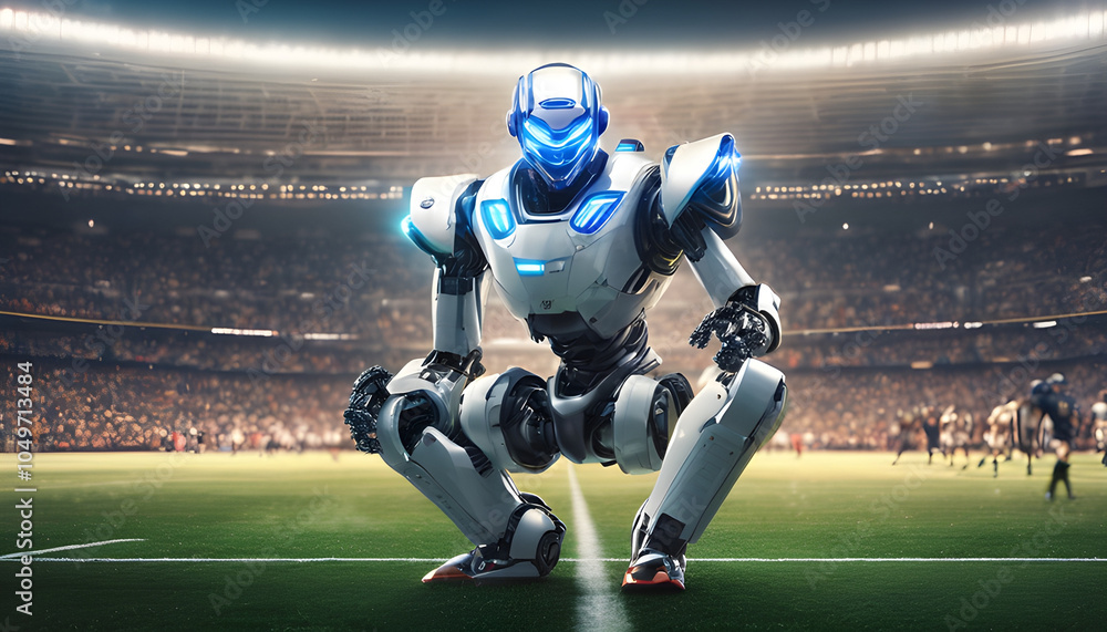 A robot athlete in a sports uniform stands in a stadium with a soccer ball next to him. A robot athlete in a sports uniform stands in a stadium with a soccer ball next to him.