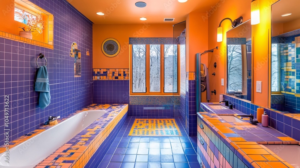 Fototapeta premium This eclectic bathroom showcases a vibrant mix of tile patterns in bright colors, creating a cheerful and artistic space perfect for any home.