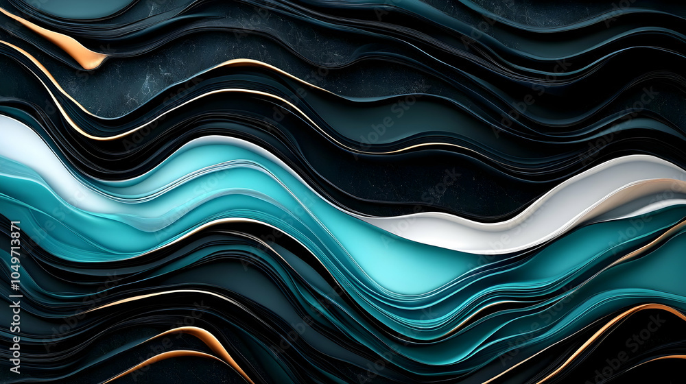 Abstract 3D Wavy Background with Turquoise and Gold Abstract 3D Wavy Background with Turquoise and Gold