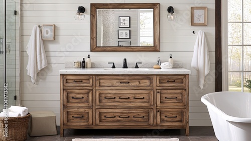 Discover a rustic farmhouse bathroom featuring shiplap walls, a wooden vanity, and elegant decor. This serene space blends comfort with stylish design elements.