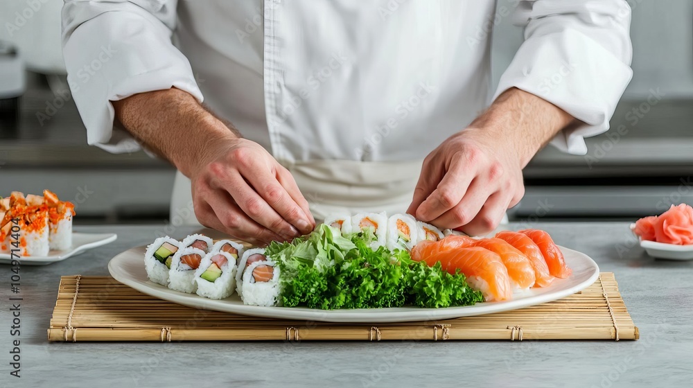 Sushi chef arranging sushi platter, bamboo mat, clean style Sushi chef arranging sushi platter, bamboo mat, clean style