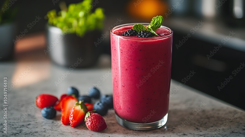 Fresh smoothie with a mix of fruits and vegetables on a kitchen countertop Fresh smoothie with a mix of fruits and vegetables on a kitchen countertop