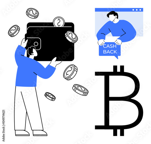 A person holding a large wallet with flying coins, a figure in a chat window displaying cash back text, and a prominent Bitcoin symbol. Ideal for digital currency, blockchain, fintech, e-commerce