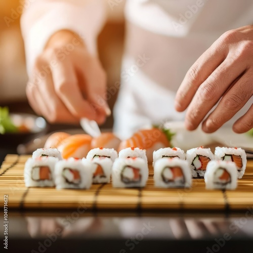 Sushi chef s hands preparing sushi, bamboo mat, clean focus photo