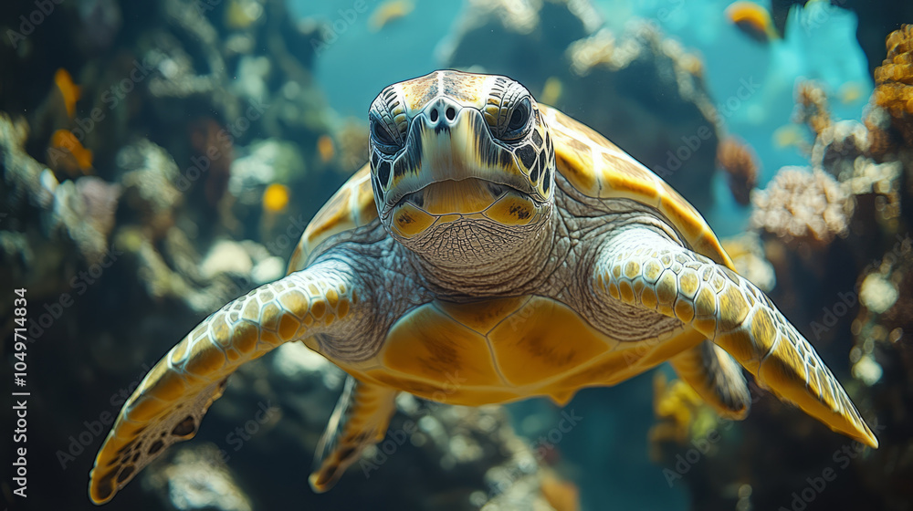 Obraz premium Majestic sea turtle glides effortlessly through vibrant coral reef, showcasing its beauty and grace in underwater world