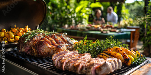 Wallpaper Mural Group of friends having party outdoors. Focus on barbecue grill with food. Space for text
Food, people and family time concept, barbecue grill at summer garden party Torontodigital.ca