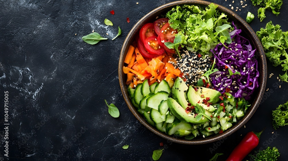 Healthy salad bowl with a variety of colorful vegetables, seeds, and avocado Healthy salad bowl with a variety of colorful vegetables, seeds, and avocado