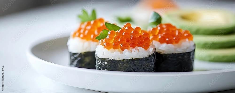 Sushi platter with roe and avocado, minimalist presentation, white plate Sushi platter with roe and avocado, minimalist presentation, white plate