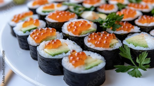 Wallpaper Mural Sushi platter with roe, avocado, elegant presentation, white plate Torontodigital.ca