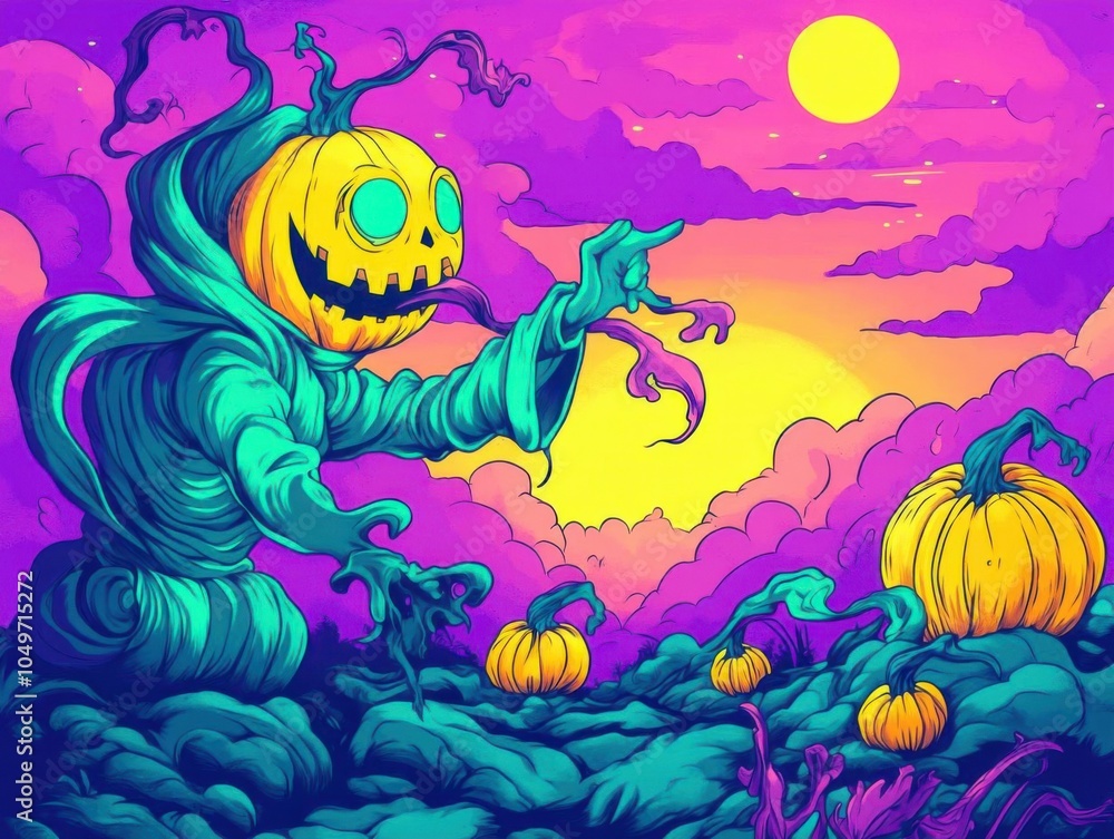 Obraz premium Halloween scarecrow in vibrant spooky landscape