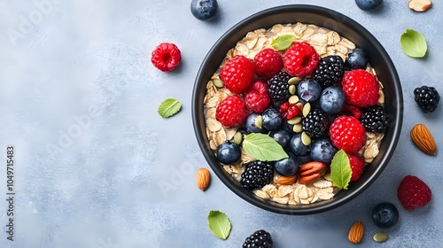 Healthy bowl of oats topped with fresh berries, seeds, and nuts for breakfast