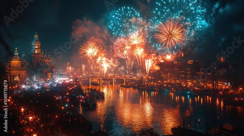 A spectacular fireworks display over a cityscape at night. The fireworks are reflected in the water below.