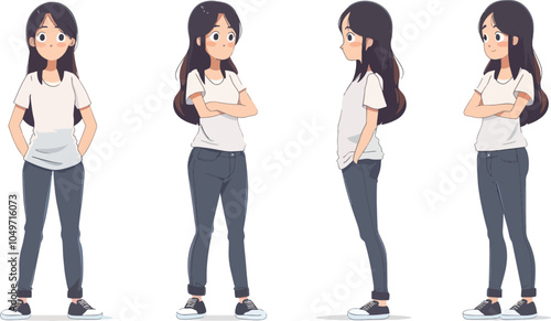 Young woman character design illustration set with different poses casual outfit inspiration ideas fashion trendy style modern teenager girl hand drawn comic style full length body various views