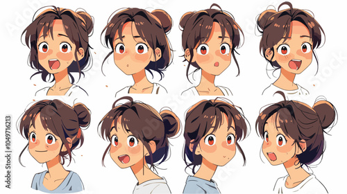 Anime girl with different facial expressions set for animation manga emotions collection surprised shocked happy sad angry confused female character comic cartoon style drawing illustration isolated