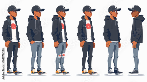 African American teenage boy character design model sheet multiple views poses street wear fashion clothing sneakers hoodie jeans hat urban style character design reference design asset game
