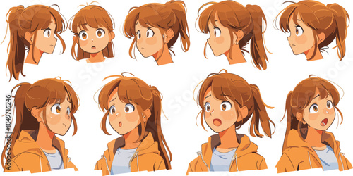 Anime Girl Character Design Sheet Different Facial Expressions Set Brown Hair Ponytail Hoodie Illustration Comic Style Manga Digital Painting Concept Art Drawing Game Asset Emotions Poses Side View