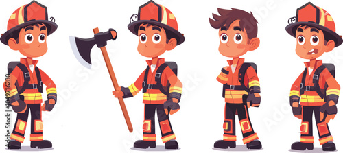 Set Of Fireman Character Design Mascot With Different Poses And Expressions Wearing Uniform And Holding Axe Perfect For Fire Department Firefighter Emergency Rescue Service Safety And Mascot Design