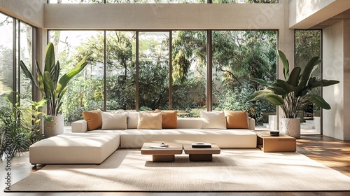 Bright and airy modern living room featuring high ceilings, spacious design, and ample natural light, complemented by stylish furniture and lush greenery.