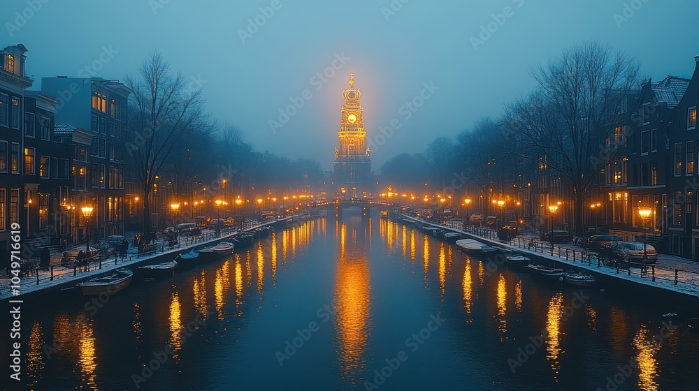Naklejka premium A snowy canal in Amsterdam, Netherlands with a church in the background at dusk. The city is illuminated by streetlights and the water is reflecting the light.