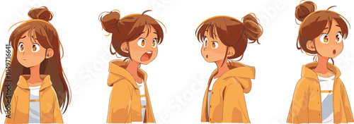 Set of cute anime girl various face expressions illustration hand drawn art style digital art cartoon anime style comic character design concept