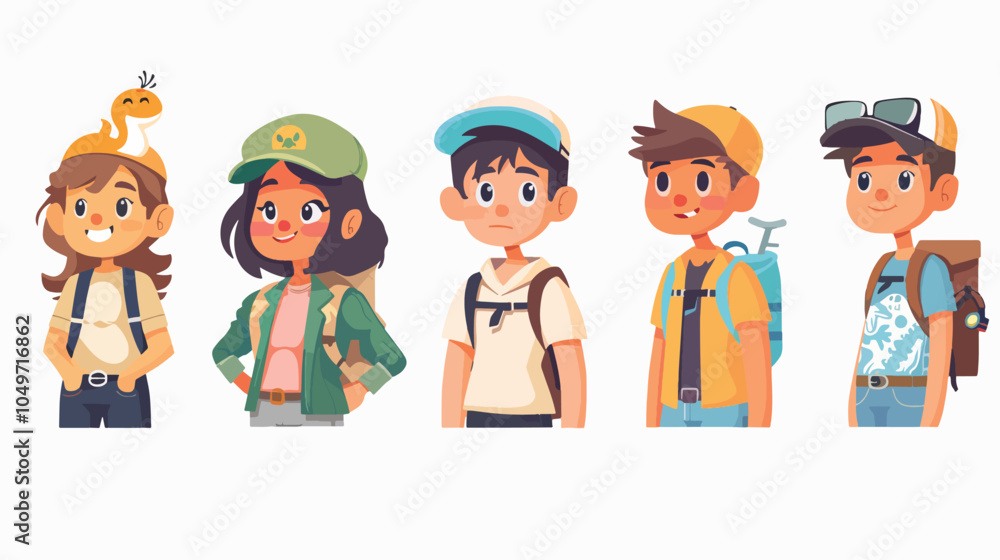 Group of young happy smiling travelers characters wearing backpacks hiking tourism adventure camping concept isolated on white background flat cartoon vector illustration Group of young happy smiling travelers characters wearing backpacks hiking tourism adventure camping concept isolated on white background flat cartoon vector illustration