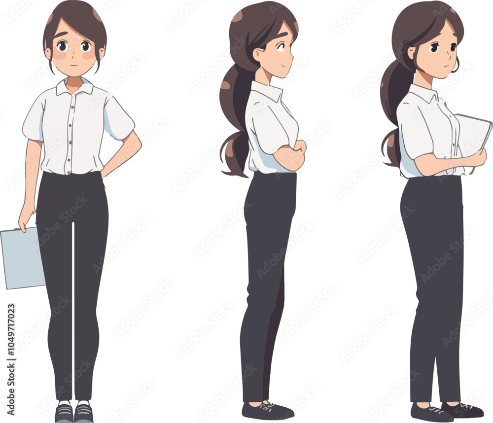 Young professional woman in casual outfit standing poses set collection office worker employee businesswoman cartoon character full length different angles view various poses set illustration Young professional woman in casual outfit standing poses set collection office worker employee businesswoman cartoon character full length different angles view various poses set illustration