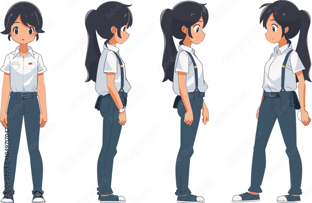 Fototapeta premium Anime Style School Girl Character Design Front Side Back View Poses Set Collection Casual Outfit Standing Posture Expressionless Emotionless Face Manga Cartoon Comic Illustration
