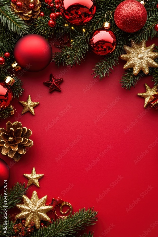 Festive Christmas Decoration on Red Background Festive Christmas Decoration on Red Background