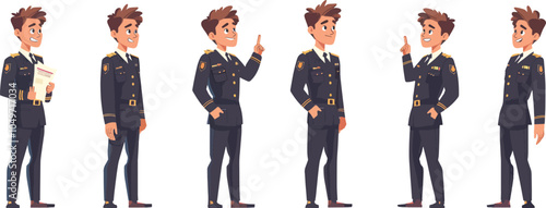Confident Young Military Officer In Uniform Posing Set Army Soldier Character Different Expressions And Gestures Collection Full Length Flat Style Vector Illustration Isolated On White Background