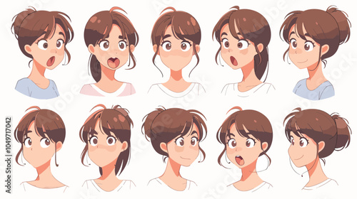 Set Of Female Character Emotions Portraits With Various Facial Expressions Anime Girl With Different Mood Vector Illustration Avatar For Game Design User Interface Mobile App Web Design Cartoon Style