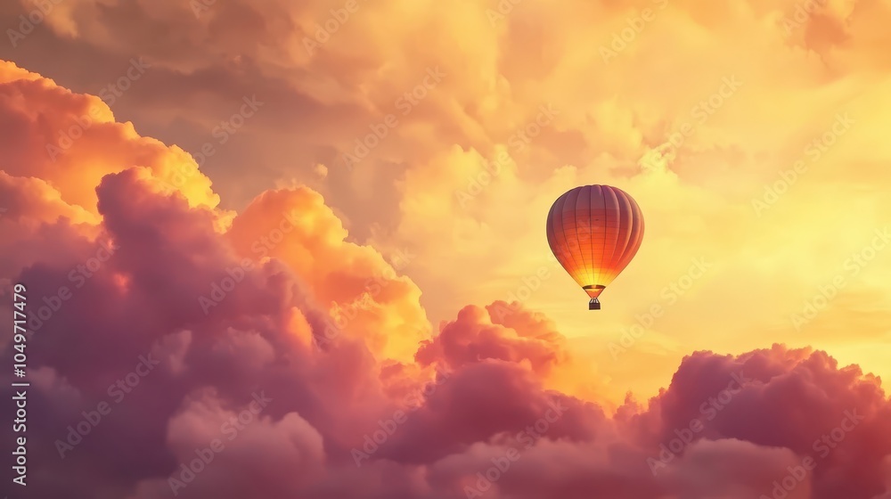 Fototapeta premium A vibrant hot air balloon soars through a colorful sky filled with fluffy clouds during sunset, creating a picturesque and serene scene.