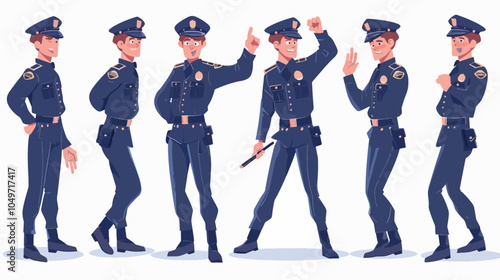 Set of Policeman Character Different Poses Gesture Uniform Cop Officer Police Department Guard Security Service Concept Isolated White Background Illustration