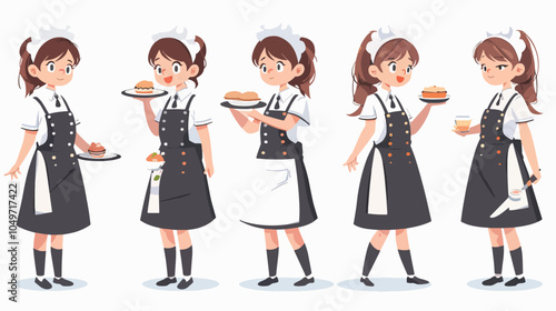 Five young female characters wearing maid cafe costumes holding food and drinks anime style cartoon illustration