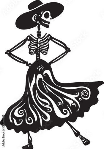 Silhouette of a catrina elegantly dressed skeleton standing gracefully, vector silhouette