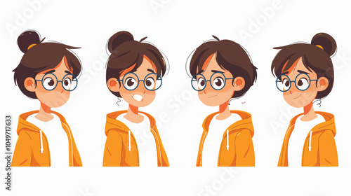 Cute Cartoon Girl Character Wearing Glasses And A Hoodie With Four Different Facial Expressions Including Happy Thoughtful Smiling And Confused Perfect For Education Or Lifestyle Designs