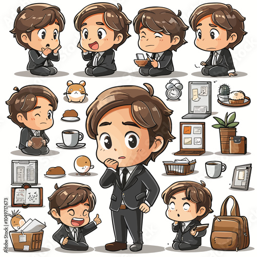 Cute chibi businessman character with office element and different pose collection set for sticker design kid education presentation merchandise cartoon illustration clipart design