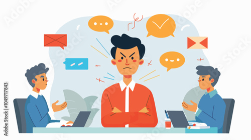 Angry frustrated businessman ignoring colleagues talking to him during office meeting work conflict communication problem stress at work overworked concept