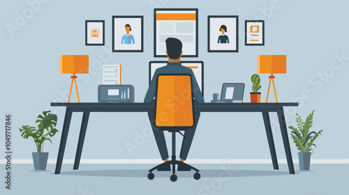 Man working from home office desk setup workplace illustration remote worker freelancer entrepreneur homeoffice business computer work furniture interior design plant decoration modern workspace