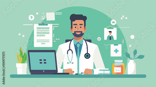 Confident Doctor At Desk With Laptop Medical Icons Telemedicine Healthcare Concept Illustration