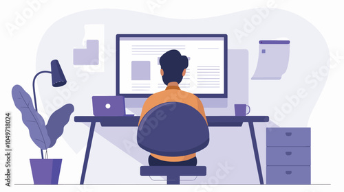 Man working from home office desk setup freelancer working on computer with laptop coding programming work from home concept freelance worker student studying online learning minimalist illustration