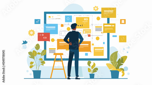 Businessman analyzing project development roadmap strategy plan schedule businessman looking at whiteboard with tasks and ideas business strategy and planning concept