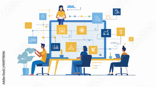 Business team working together online business management concept business workflow with team and process marketing and finance operation modern flat vector illustration