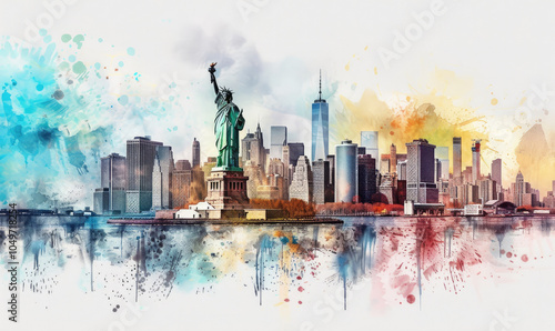 Watercolor The Statue of Liberty over the Scene of New york cityscape river side which location is lower manhattan,Architecture and building with tourist concept