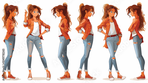 Young woman character design sheet different poses casual outfit standing fashion illustration stylish clothing trendy clothes blue jeans orange jacket modern shoes cartoon art style drawing