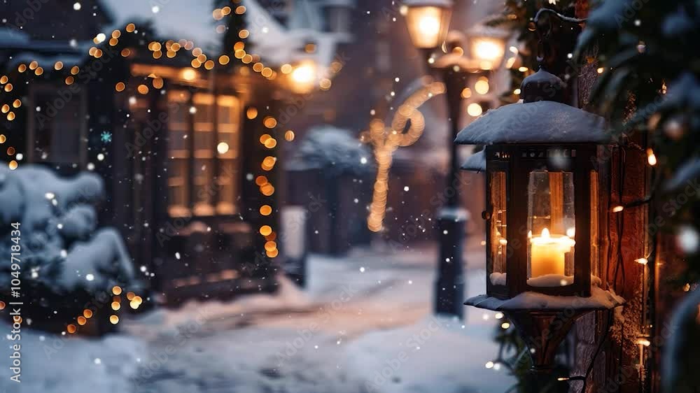 Cozy winter night with glowing candle in lantern and falling snow for slow motion video background Cozy winter night with glowing candle in lantern and falling snow for slow motion video background
