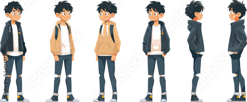Teenager boy character design front side back view wearing stylish outfit casual clothes for animation full length different poses set vector illustration isolated white background